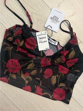 Princess Polly Black Mesh Cami with Red Rose Print